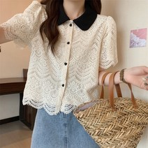 레이스 카라 반팔 빅사이즈 봄 블라우스 루즈핏 뱃살 커버 칼라 셔츠 여성스러운 탑 여름