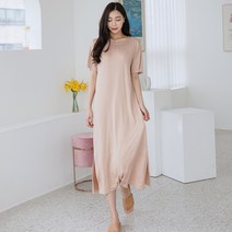 헤링본 여성 여름 반팔 롱원피스 루즈핏 빅사이즈 라운드넥 캐주얼 데일리 홈웨어 HE068