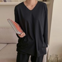 로로텐 무지 브이넥 티셔츠 스판 긴팔 루즈핏 여성 빅사이즈