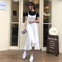 당일배송 플라워 수술프린지 프릴 루즈핏 쉬폰 뷔스티에 레이어드 나시 롱원피스 화이트 블랙