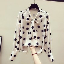 GDSHOP여성 블라우스 리본 실크 물방울 디자인 긴팔 셔츠 YHFACAI