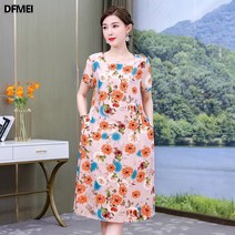 DFMEI 여름 면 마 루즈핏 엄마 원피스 반팔 미디엄 롱 캐주얼 빅사이즈 프린트 슬림 여성 스커트