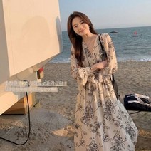 ANYOU 롱 랩 플라워 브이넥 쉬폰 원피스