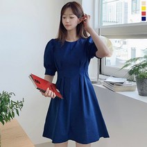 티데일리 여성용 린넨 퍼프 핀턱 라운드넥 반팔 미니 원피스