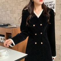 쇼매인 여성 빈티지 V넥 셔링 더블 미디 원피스 벨벳원피스
