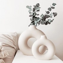 디자인화병 모던 북유럽 꽃병 원형 중공 세라믹 도넛 꽃 냄비 홈 거실 장식 액세서리, 14cm