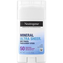 Neutrogena 울트라 쉬어 드라이 터치 SPF 50 미네랄 선스크린 스틱 민감성 피부용 비타민 E 함유 논코메도제닉 43g 1개, 3개