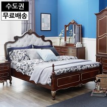 뷰엘 엔틱 원목 침대프레임 퀸사이즈 가죽 골드 안방 부부 침대 명품 수입 높은헤드(Q), 브라운