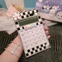 여성스러운 귀여운 블링블링 비즈 큐빅 핸드폰 크기 계산기 휴대용계산기 캐릭터 전자계산기 여자친구 선물용 소품, O.플라워 흑백 체크 (무음)