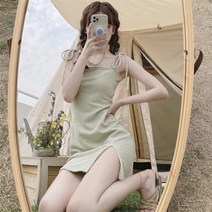 2022 년 여름 새로운 여성의 밝은 녹색 분할 슬림 레이스 업 슈퍼 요정 달콤한 슈퍼 요정 프랑스 복고풍 드레스