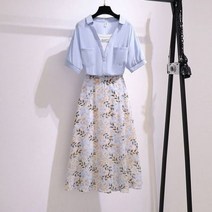 하객룩투피스 하이틴룩 봄 셋업 투피스세트 여름용 레저 쉬폰 스커트 셔츠 정장 레이디 비치 여행 블루 탑스투피스