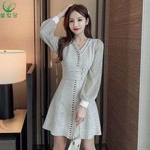 셀럽당 여성용 슬림핏 브이넥 긴팔 미니 원피스