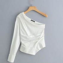화이트 블랙 셔츠 레이스 오프숄더 블라우스 밑단 흰색 단색 원 숄더 주름 용 roupas 슈미즈 LS3222