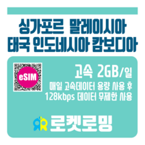 로켓로밍 싱가포르 말레이시아 태국 인도네시아 캄보디아 매일 2GB 무제한데이터 ND 로켓eSIM, 4일