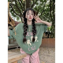 빈티지 워싱 구제 반팔 프린트 티셔츠 여성 여름 루즈핏 미디엄 롱 상의