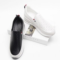 런슈즈 여성 가죽 펀칭 발편한 에어쿠션 키높이 밴딩 슬립온 4.5cm