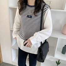 스트프긴팔티 페이크투피스 줄무늬 패치워크 와이셔츠 여성 봄계절 이니셜 자수 롱슬리브티 2141544166