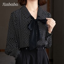 나바바 NB408 리아나 도트 리본넥 블랙 블라우스