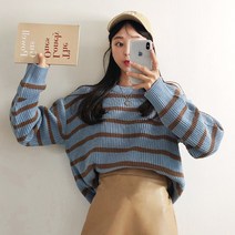 러브앤시티 여성 소울하찌단가라 라운드니트 스트라이프 스웨터 국산 니트