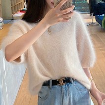 핑크비올라 크림 앙고라 라운드 반팔 니트 티셔츠