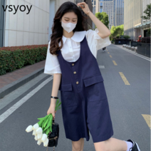 vsyoy 여성 여름 한국식 느슨한 학생 유행 셔츠 작은 와이드 레그 재킷 반바지 투피스 세트