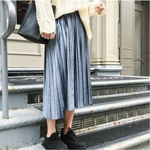 (로켓배송)블루그레이 1장 벨벳 롱스커트 메탈 스웨이드 발목 위 롱플리츠스커트 아코디언 동상이몽 스커트