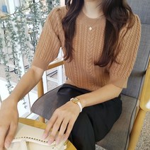 상상그이상 여성용 버튼 케이블 라운드넥 반팔니트 사이드 골드 버튼 포인트 간절기 니트 날씬해보이는 여자 꽈배기 니트탑