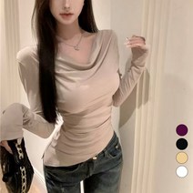 밍키베베 보트넥 셔링 드레이프 긴팔 사선 티셔츠