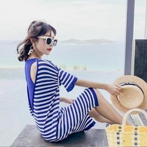 SH 서현 여성 뒷트임 원피스 뒤태반전 반팔 미디 비치룩 - 413