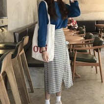 [바보사랑] 여성 데일리 투피스 세트 블루티셔츠 & 체크 랩스커트