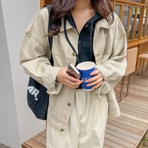 로로텐 투포켓 워싱 면 카라넥 자켓 긴팔 오버핏 여성 빅사이즈