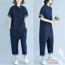 puildaug 봄과 여름 복고풍 큰 작품 짧은 소매 옷깃 데님 점프 수트 얇은 9 점 세척 점프 수트