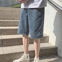 남성 데님 청반 바지 워싱진 롤업 7부 청바지 와이드 팬츠_ 선물 - 2022958EA