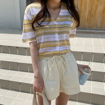 [천삼백케이] [코지23] 여자 여름 배색 단가라 브이 편한 데일리 가디건