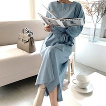 네모엔룩 여성용 코튼스퀘어 볼륨소매 와이드벨트 박시 루즈핏 스퀘어넥 면 무지 롱 원피스 (허리끈포함) NL