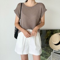 네쥬 여성 여름 라운드 스판 캡소매 베이직 반팔 니트