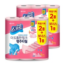 스카트 항균 더 도톰한 핑크 행주타월 36매, 2팩, 3롤