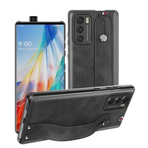 Fol uu LG 윙 5G 케이스 2020용 슬림하고 가벼움 PU 가죽 백 커버 지원 회전 모드 하드 PC 홀더 핸드 스트랩 보호 폰 6.8인치 블랙, Black