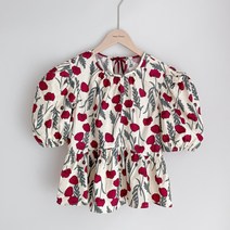 [black label 소르티] 플라워 꽃 무늬 퍼프소매 A라인 뒷리본 면 블라우스 하객룩 출근룩