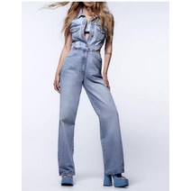 강아지 점프 슈트 레트로 캐주얼 라펠 민소매 더블 포켓 롱 데님 슬림 점프 슈트 여성용 신제품 여름, 01 Beige_04 L