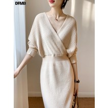 DFMEI 디자인 센스 슬림 브이넥 가방 힙스커트 여성 긴팔 허리 니트 원피스