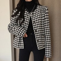 하운드 투스 체크 버튼 자켓 노카라 봄가을하객룩자켓 HY1