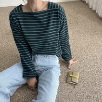 에이치스 예쁜 쇄골라인 스퀘어넥 모던 스트라이프 긴팔티셔츠
