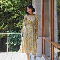 핑크비치 옐로우 플라워 반팔 비치원피스