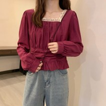 긴소매 반팔셔츠 숏 슬림핏 스퀘어넥 레이스 패치워크 초 가을 프렌치 실크블라우스 여성 상의 912756303