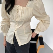 벌룬 콩단추 스퀘어넥 셔링 퍼프 롱블라우스