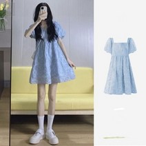 레트로 소금 시스템 우유 시리즈 블루 드레스 프랑스 스타일 스퀘어 칼라 퍼프 슬리브 순수한 욕망 달콤한 공주 여름 작은