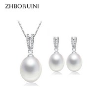 진주 목걸이 세트 Zhboruini 2019 보석 천연 담수 드롭 귀걸이 지르콘 925 스털링 실버 주얼리 여성을위한