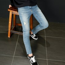 남성용 스판 연청바지 컷팅진 남자 일자 청바지