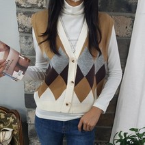 상상그이상 여성용 배색 다이아 니트조끼 부드러운 찰떡 폴라 코디세트 오픈형 베스트 가벽게 입을 수 있는 따뜻한 여유있는 사이즈 보풀없는 코디염려없는 레이어드 조끼세트